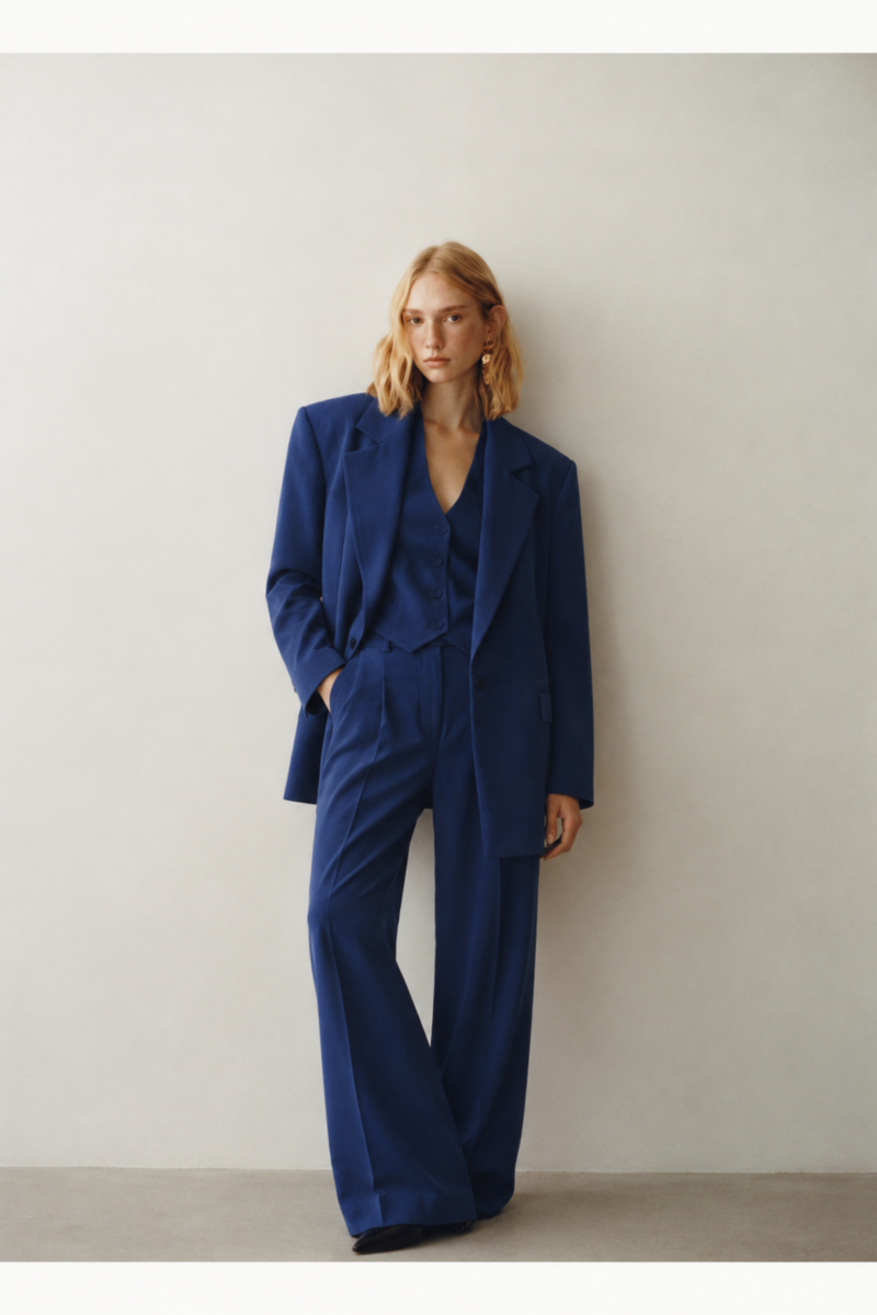 Modella con completo Emily color avion composto da giacca, gilet e pantalone con pinces.